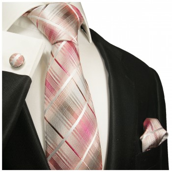 Extra langes Krawatten Set pink kariert 3tlg. 100% Seide + Einstecktuch + Manschettenknöpfe by Paul Malone 2020