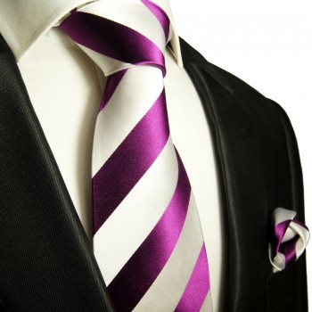 Pinke Krawatten Set 2tlg Seidenkrawatte pink weiß + Einstecktuch 451