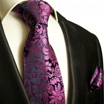 Dunkel pink blaues Krawatten Set 2tlg Seidenkrawatte + Einstecktuch 688