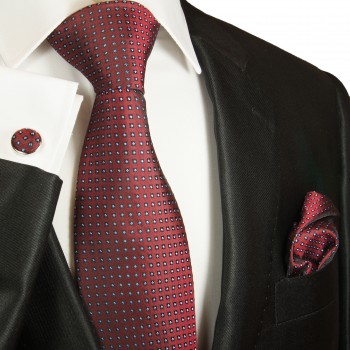 Extra langes Krawatten Set rot blau gepunktet 3tlg. 100% Seide + Einstecktuch + Manschettenknöpfe by Paul Malone 2040