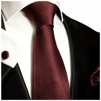 Krawatte rot schwarz gepunktet Seide mit Einstecktuch und Manschettenknöpfe