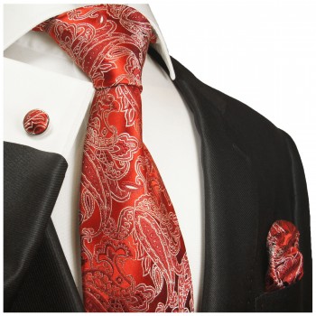 Krawatte rot silber paisley Seide mit Einstecktuch und Manschettenknöpfe