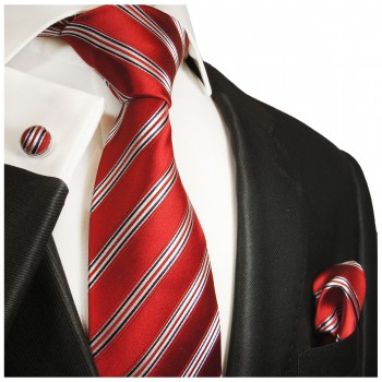 Krawatte rot weiß blau gestreift Seide mit Einstecktuch und Manschettenknöpfen
