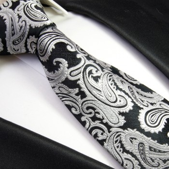Krawatte schwarz silber grau 100% Seide paisley brokat 352