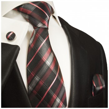 Extra langes Krawatten Set schwarz pink kariert 3tlg. 100% Seide + Einstecktuch + Manschettenknöpfe by Paul Malone 2014