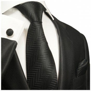 Extra langes Krawatten Set schwarz 3tlg. 100% Seide + Einstecktuch + Manschettenknöpfe by Paul Malone 2006