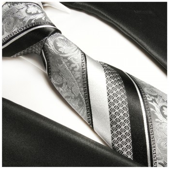 Paul Malone XL Krawatte 165cm silber schwarze Seidenkrawatte 382