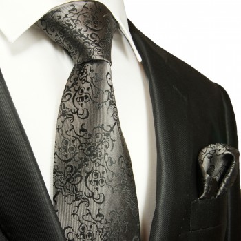 Silber schwarz extra langes XL Krawatten Set 2tlg. 100% Seidenkrawatte + Einstecktuch by Paul Malone 2051