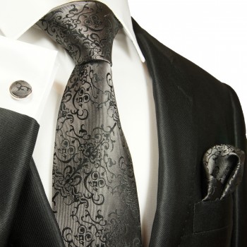 Extra langes Krawatten Set silber schwarz 3tlg. 100% Seide + Einstecktuch + Manschettenknöpfe by Paul Malone 2051