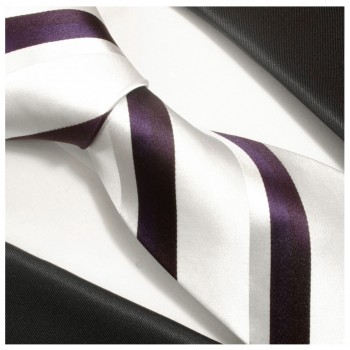 Krawatte silber weiß lila 100% Seide gestreift 944