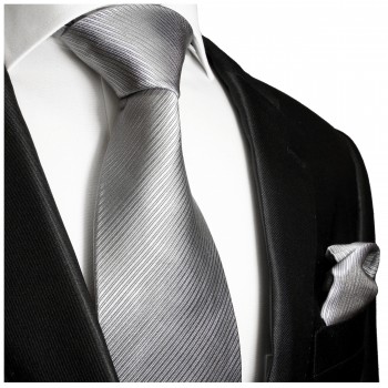 Krawatte silber grau uni Seide mit Einstecktuch