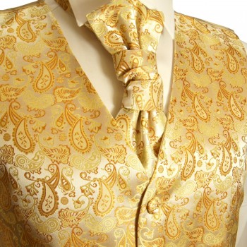 Gold Hochzeitsweste mit Plastron Krawatte Einstecktuch und Manschettenknöpfen v16