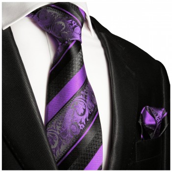 Violette schwarz gestreiftes extra langes XL Krawatten Set 2tlg. 100% Seidenkrawatte + Einstecktuch by Paul Malone 498
