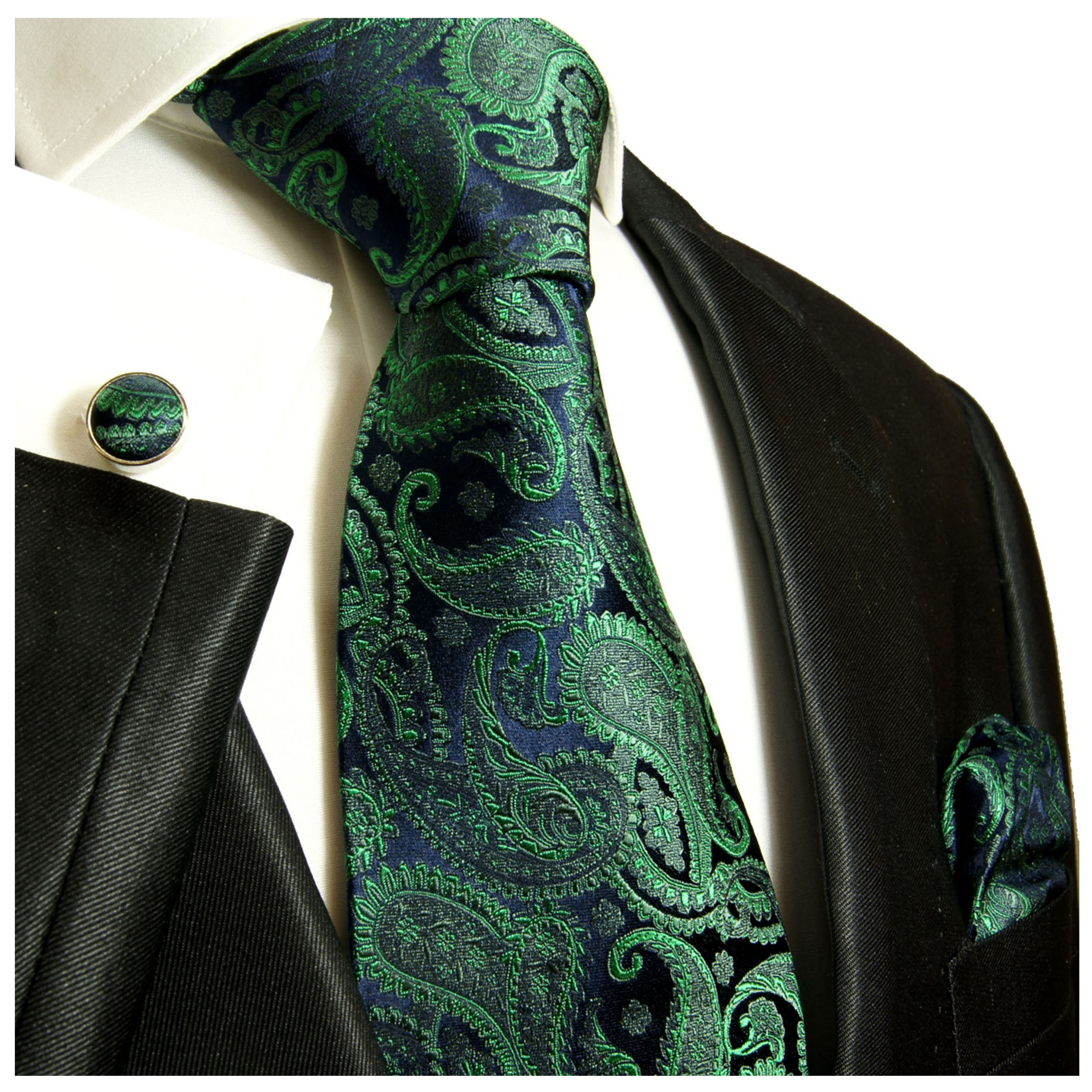 Einstecktuch Paul Malone 510 Krawatten Set 2tlg grün paisley Seidenkrawatte 