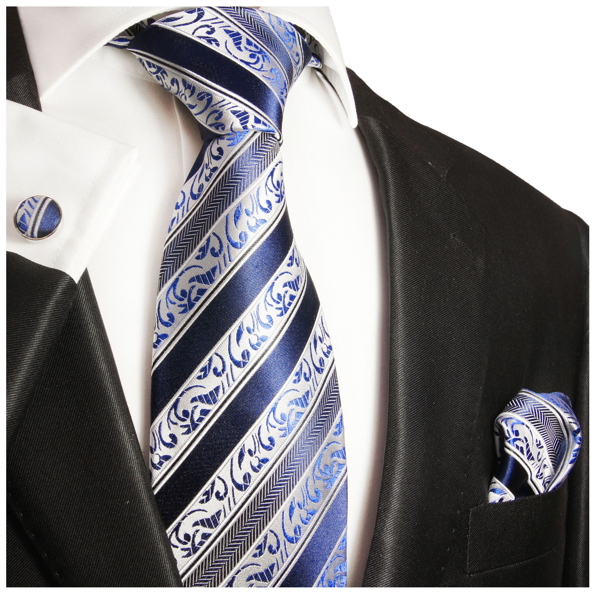 Paul Malone blaue Krawatte blau barock gestreifte Seidenkrawatte 855