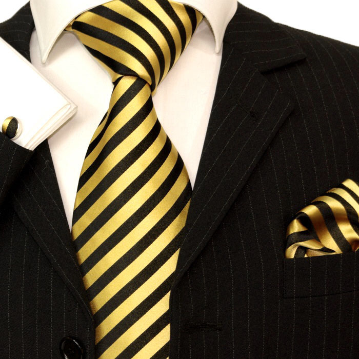 Tie Neck tie with Handkerchief Yellow with Black Stripe 