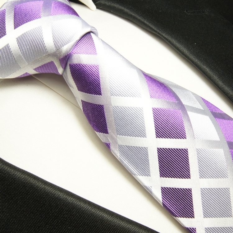 100% Pure Silk Neck Tie Cufflink & Handkerchief Set Purple with Silver Diamonds 