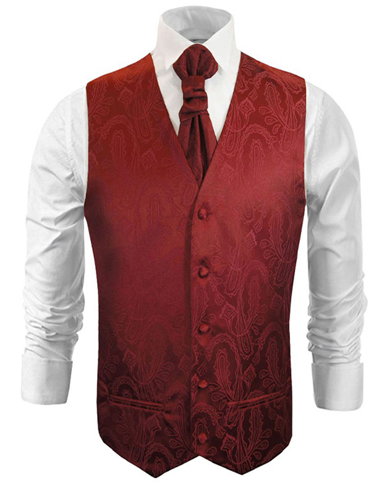 New Men's Solid Tuxedo Vest Waistcoat & Ascot Cravat Set Burgundy Wedding 