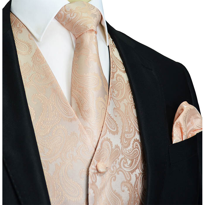 Men's paisley Tuxedo VEST Waistcoat & BOWTIE and HANKIE set coral wedding party 