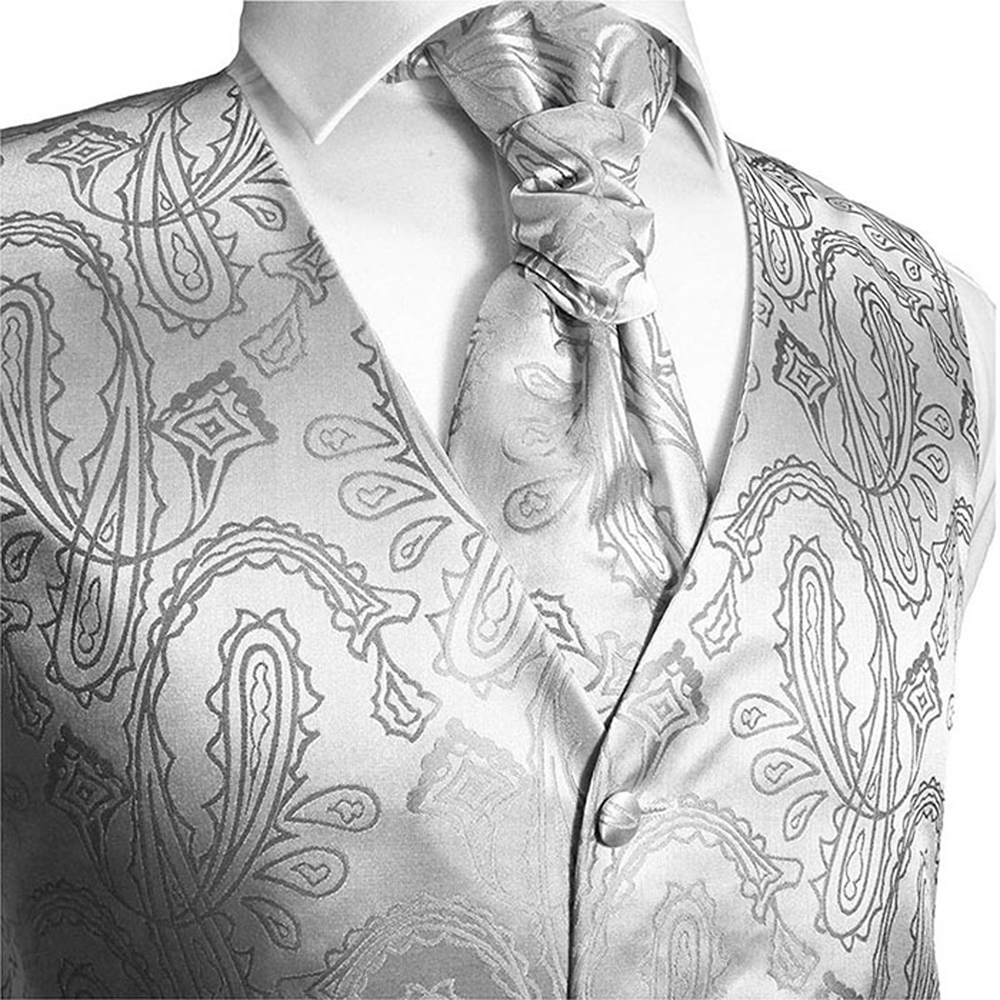 DQT Woven Floral Silver Mens Wedding Waistcoat & Cravat Set S-5XL 