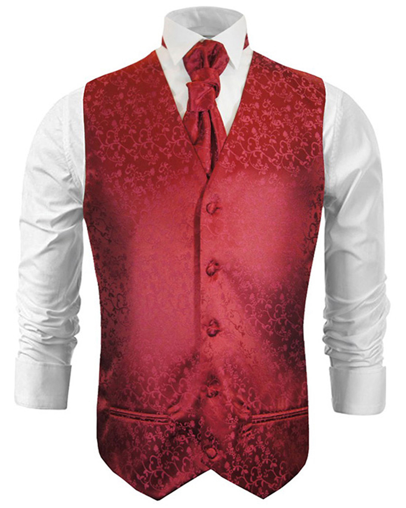 Wedding waistcoat with ascot tie maroon red floral - Paul Malone Shop