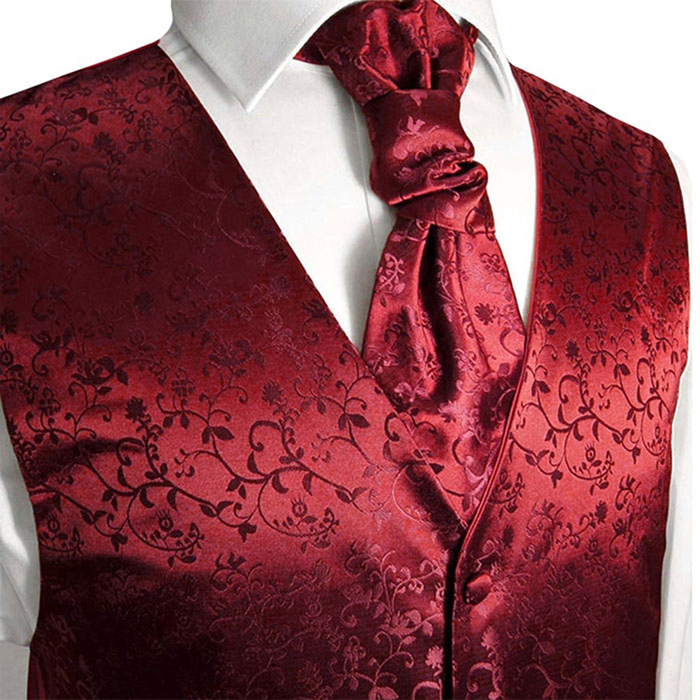 Wedding waistcoat with ascot tie maroon red floral - Paul Malone Shop
