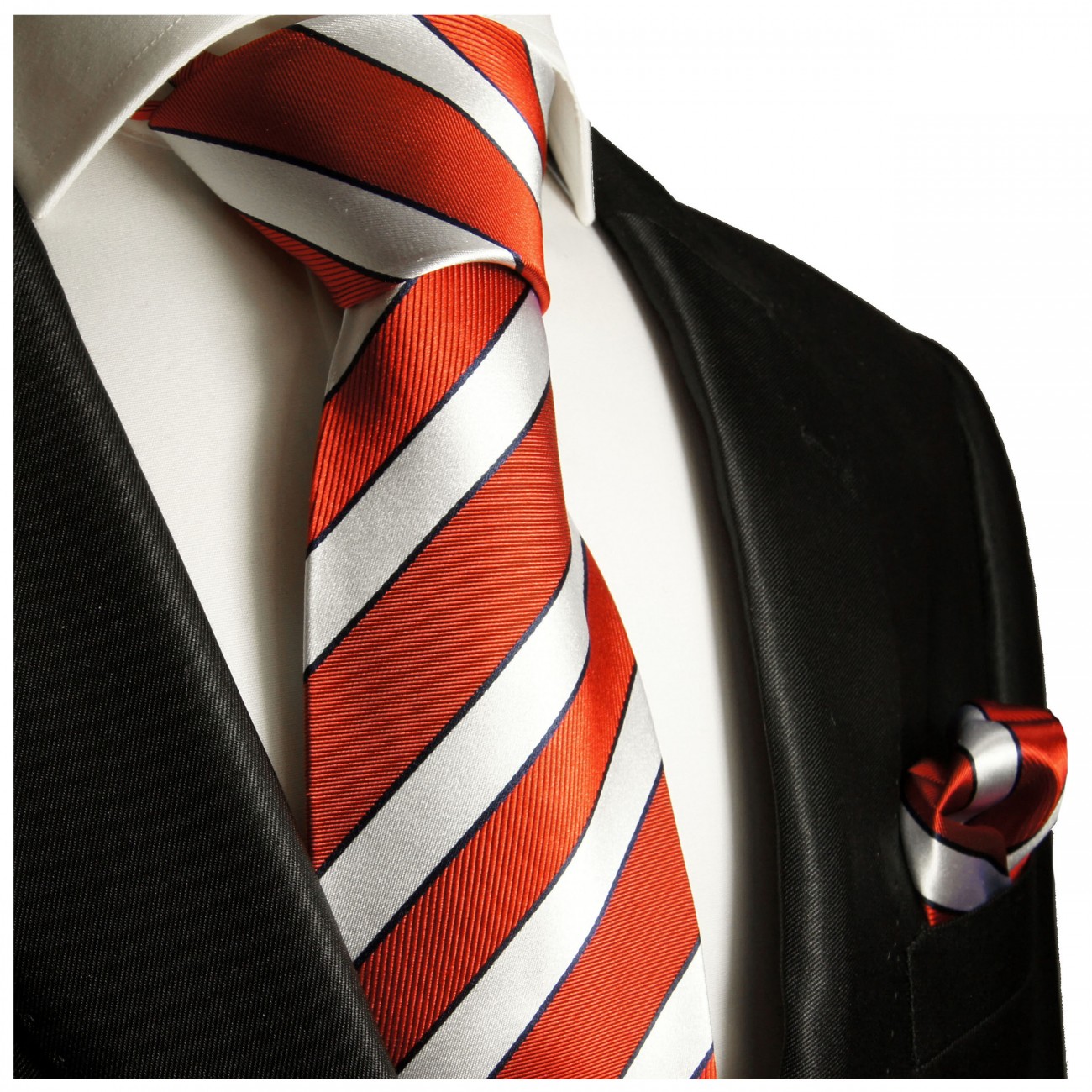 Krawatte rot silber gestreift Seide mit Einstecktuch