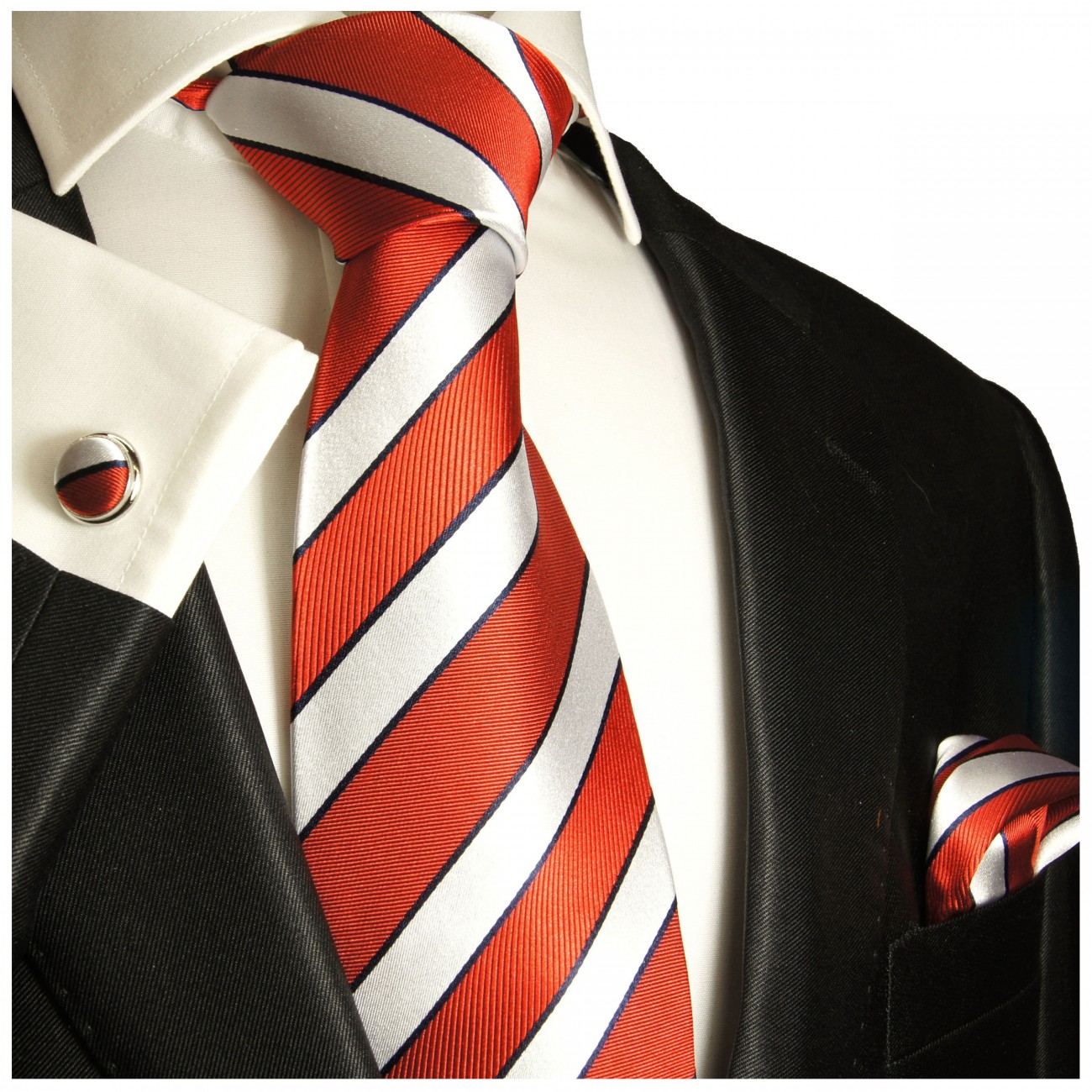 Krawatte rot silber gestreift Seide mit Einstecktuch und Manschettenknöpfe