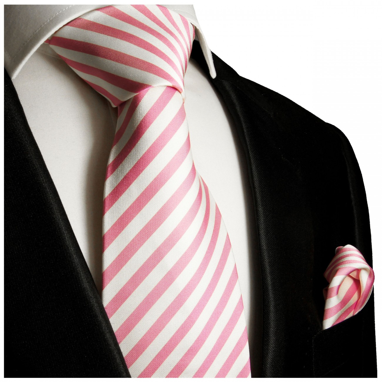 Krawatte pink weiß gestreift Seide mit Einstecktuch