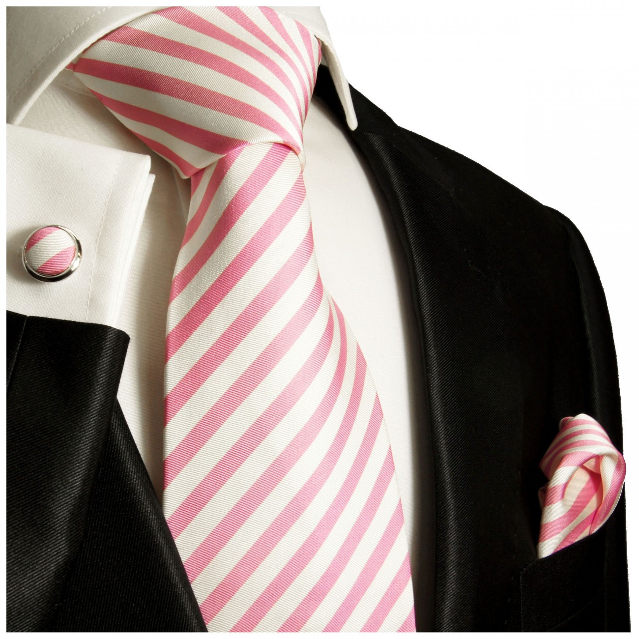 Krawatte pink weiß gestreift Seide mit Einstecktuch und Manschettenknöpfe