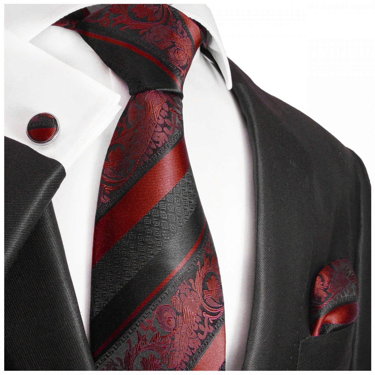 Krawatte weinrot bordeaux rot barock gestreift Seide mit Einstecktuch und Manschettenknöpfe