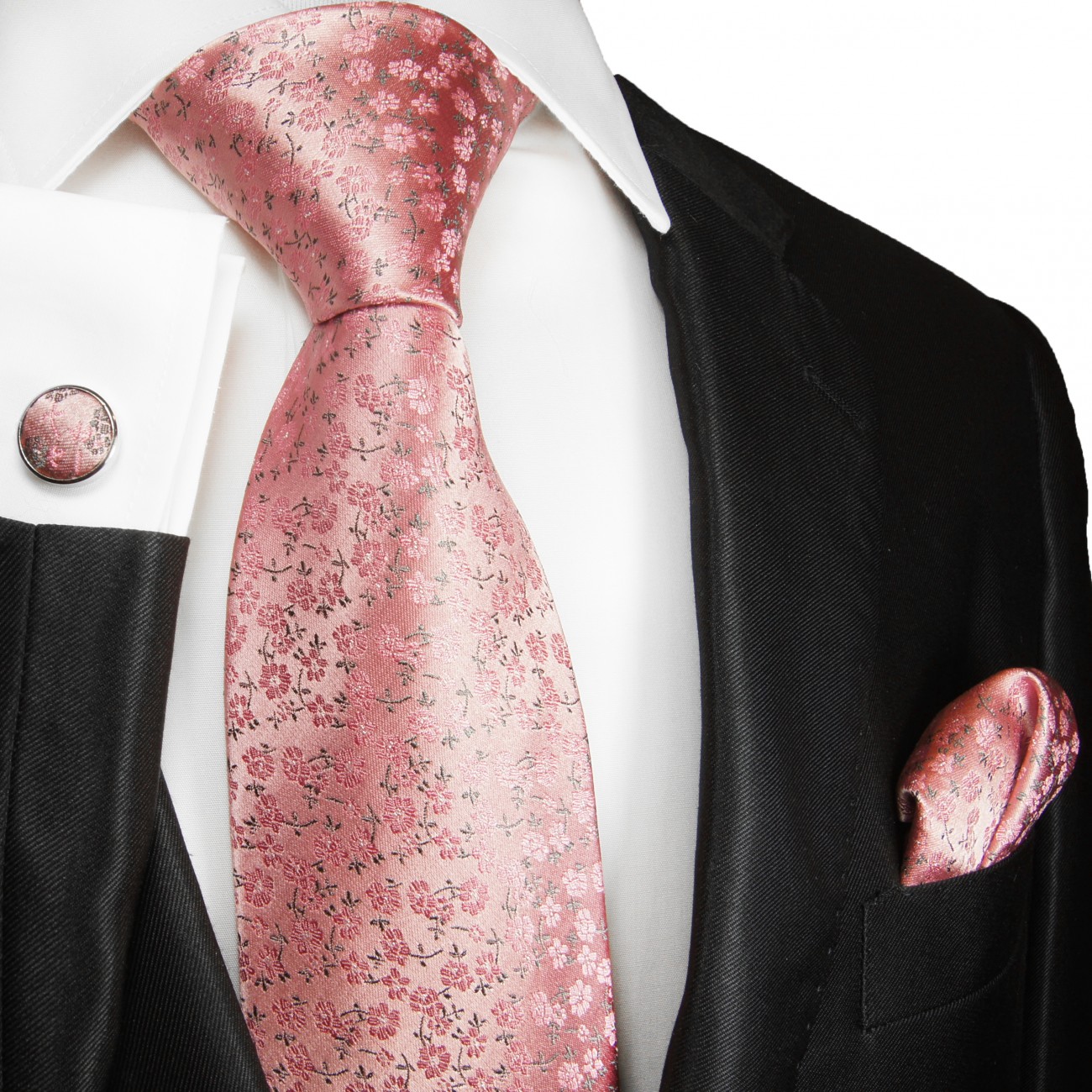 Krawatte pink rosa geblümt mit Einstecktuch und Manschettenknöpfe