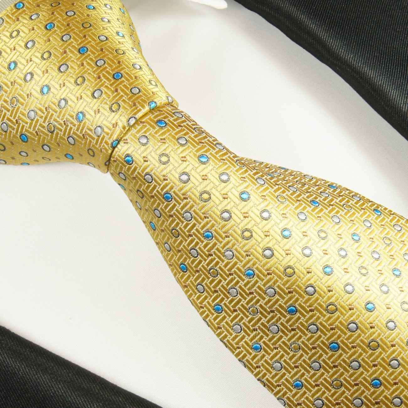 Yellow blue dotted XL necktie (165cm) 100% silk 2106 - Paul Malone Shop