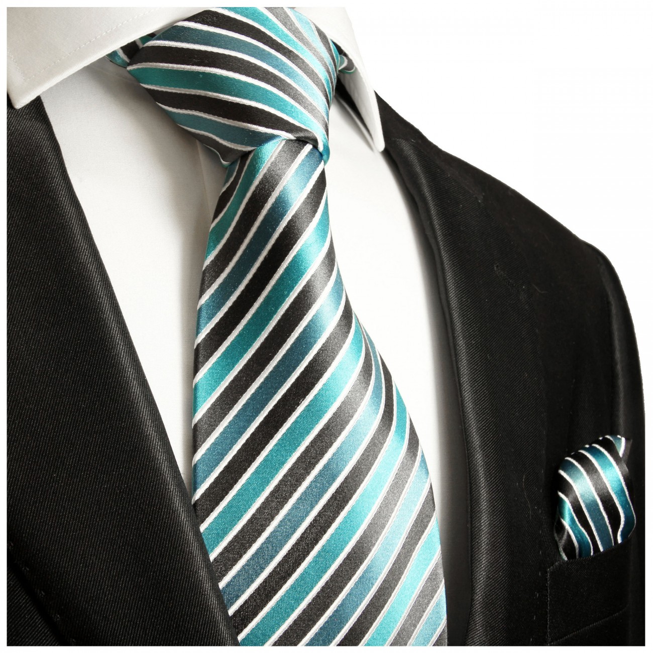 Krawatte türkis gestreift mit Einstecktuch 250