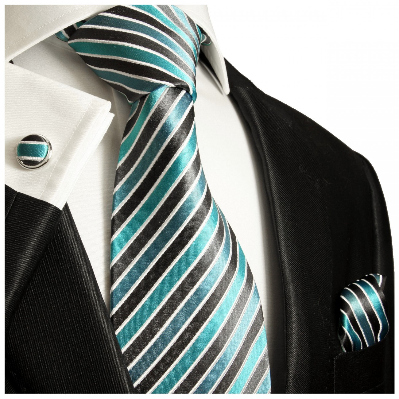 Krawatte türkis gestreift mit Einstecktuch und Manschettenknöpfe 250