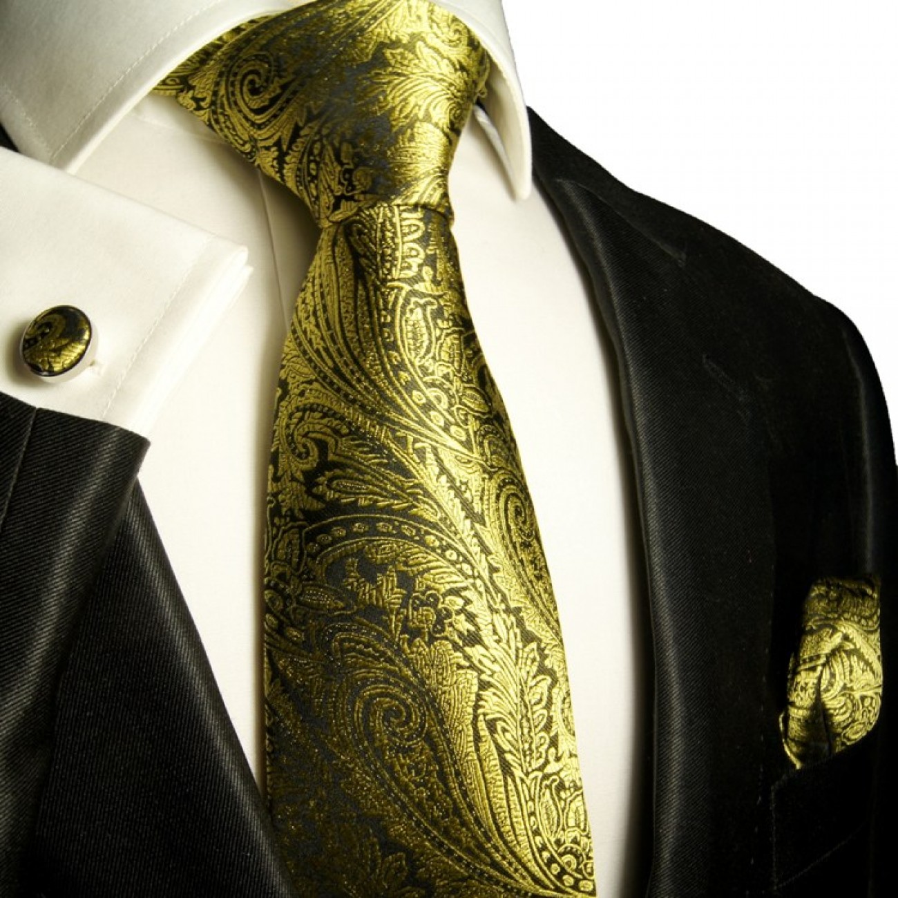 Gold necktie set 3pcs 100% silk tie + handkerchief + cufflinks 358 ...