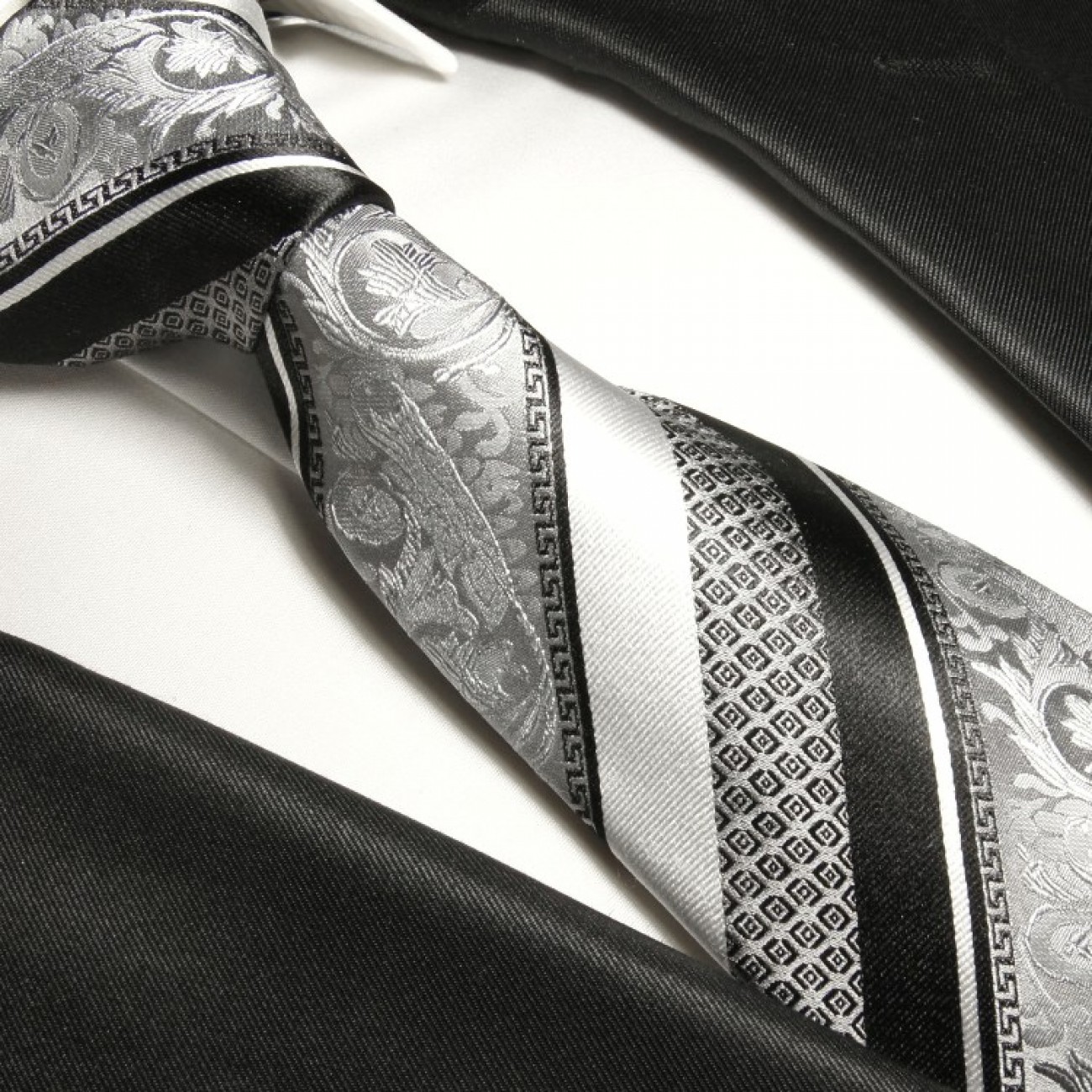 Krawatte silber schwarz barock gestreift Seide
