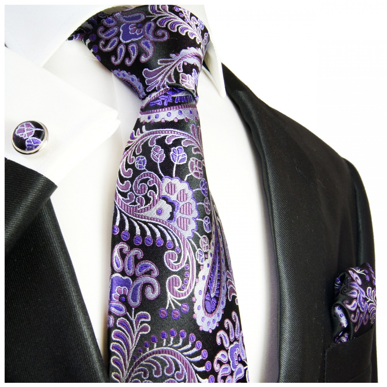 Black purple paisley mens tie Set 3pcs. silk necktie + pocket square ...