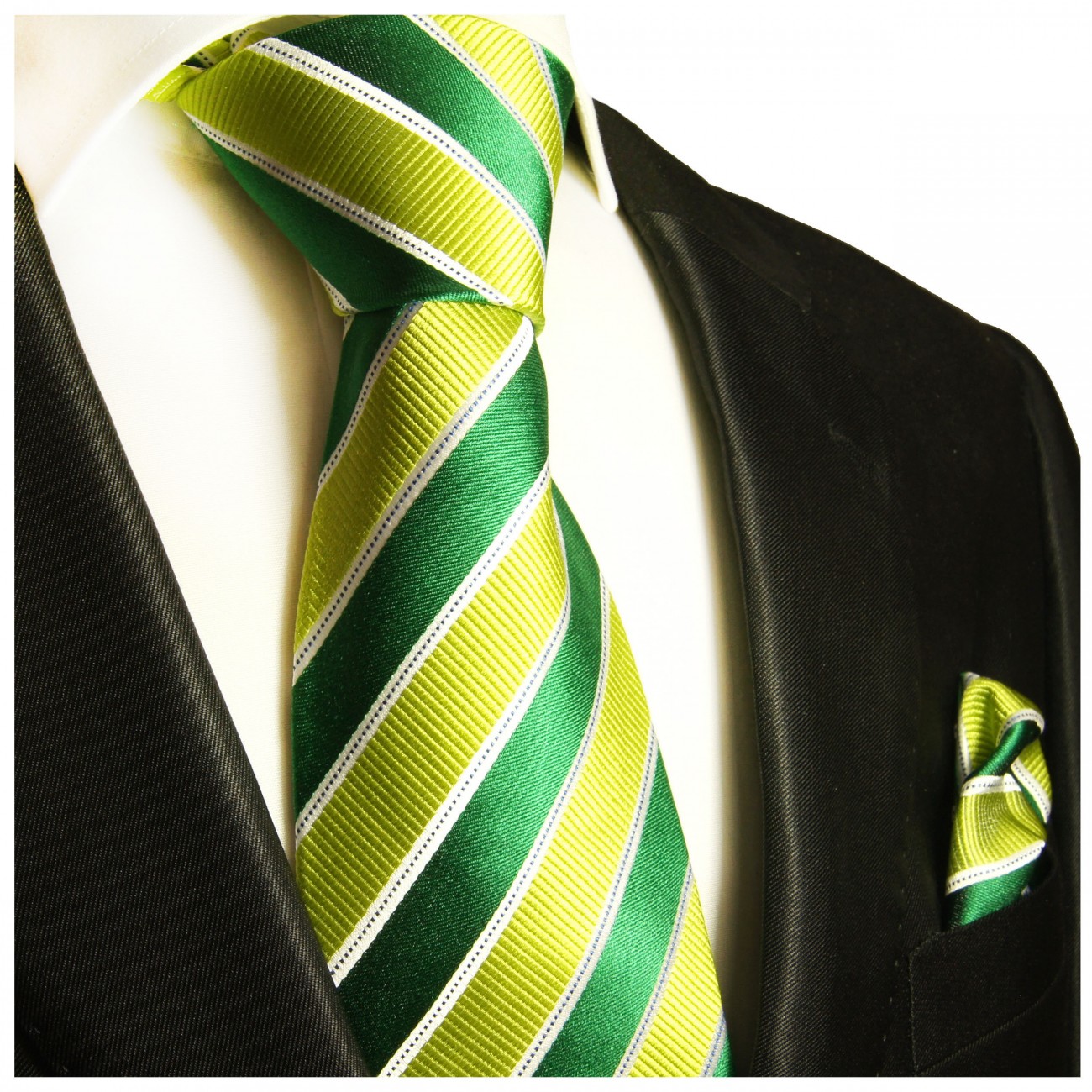 Krawatte grün hellgrün gestreift mit Einstecktuch