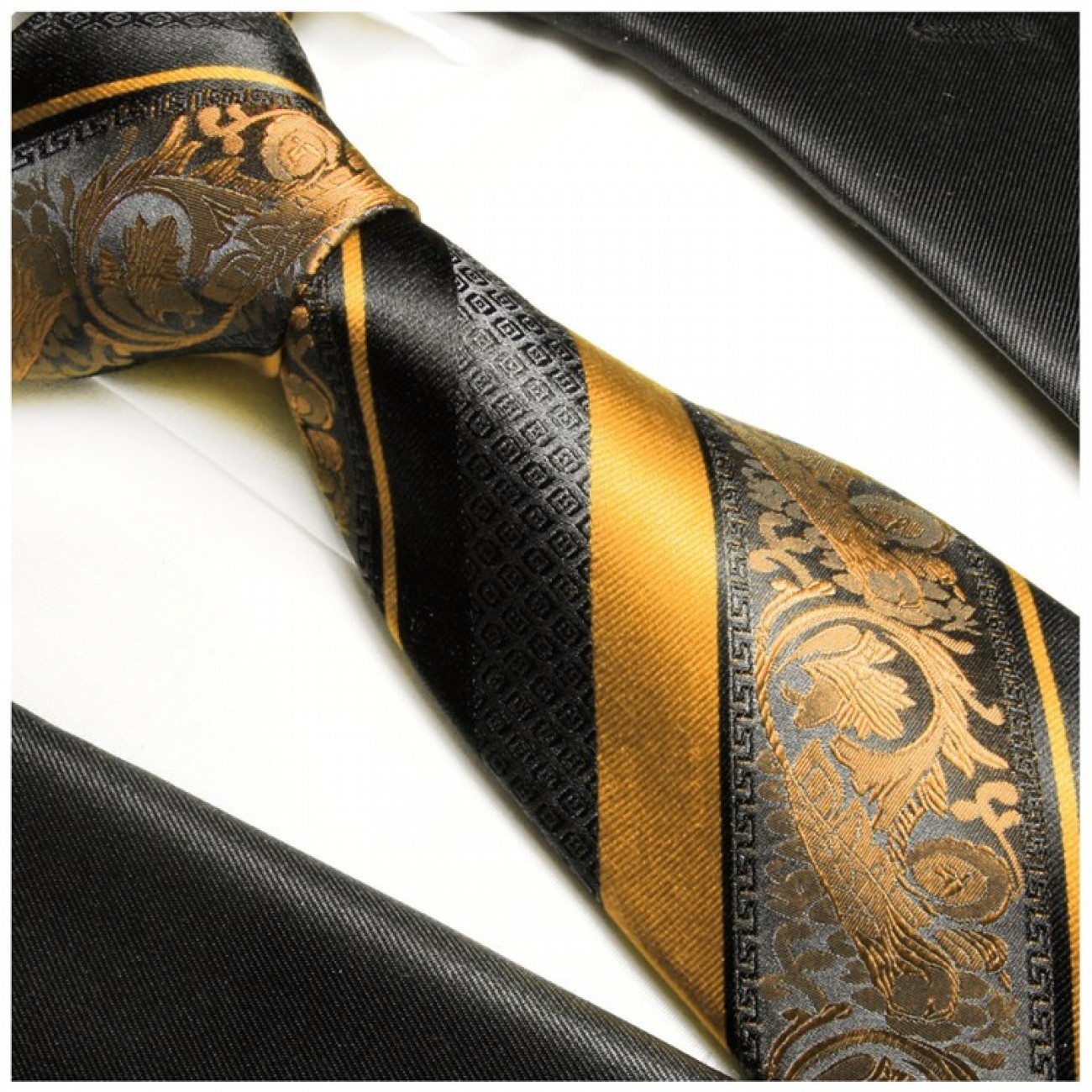 Krawatte schwarz gelb barock gestreift Seidenkrawatte - Seide - Krawatte mit Einstecktuch