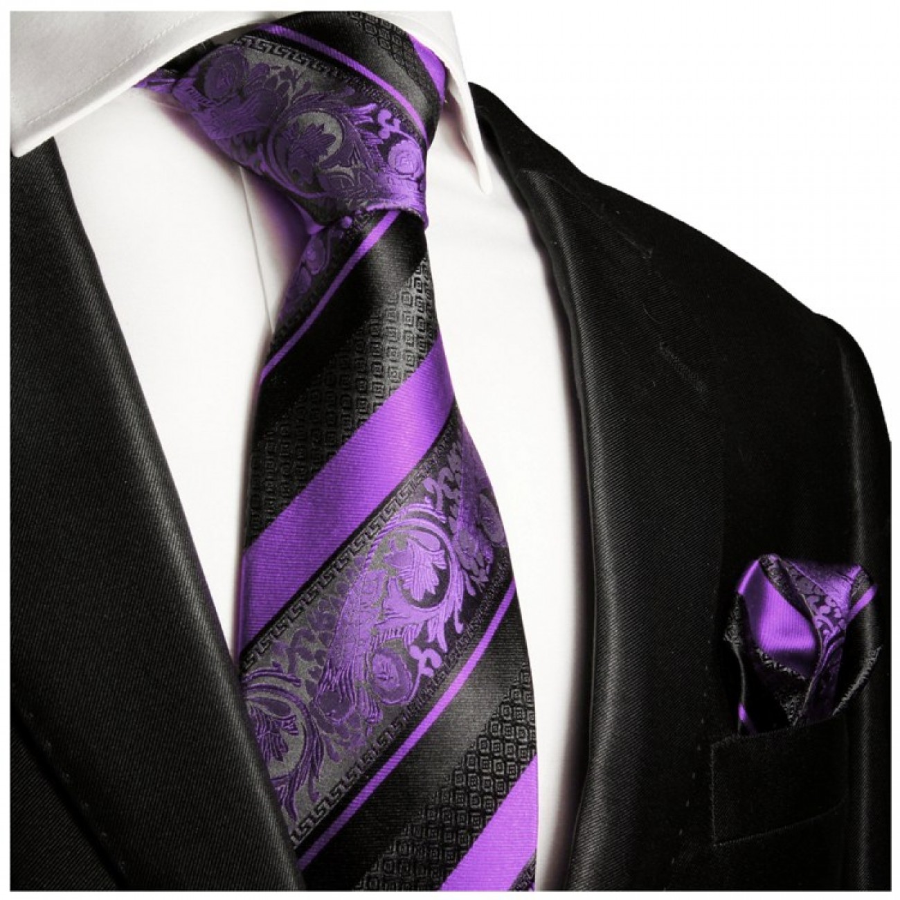 Krawatte schwarz lila barock gestreift Seidenkrawatte - Seide - Krawatte mit Einstecktuch