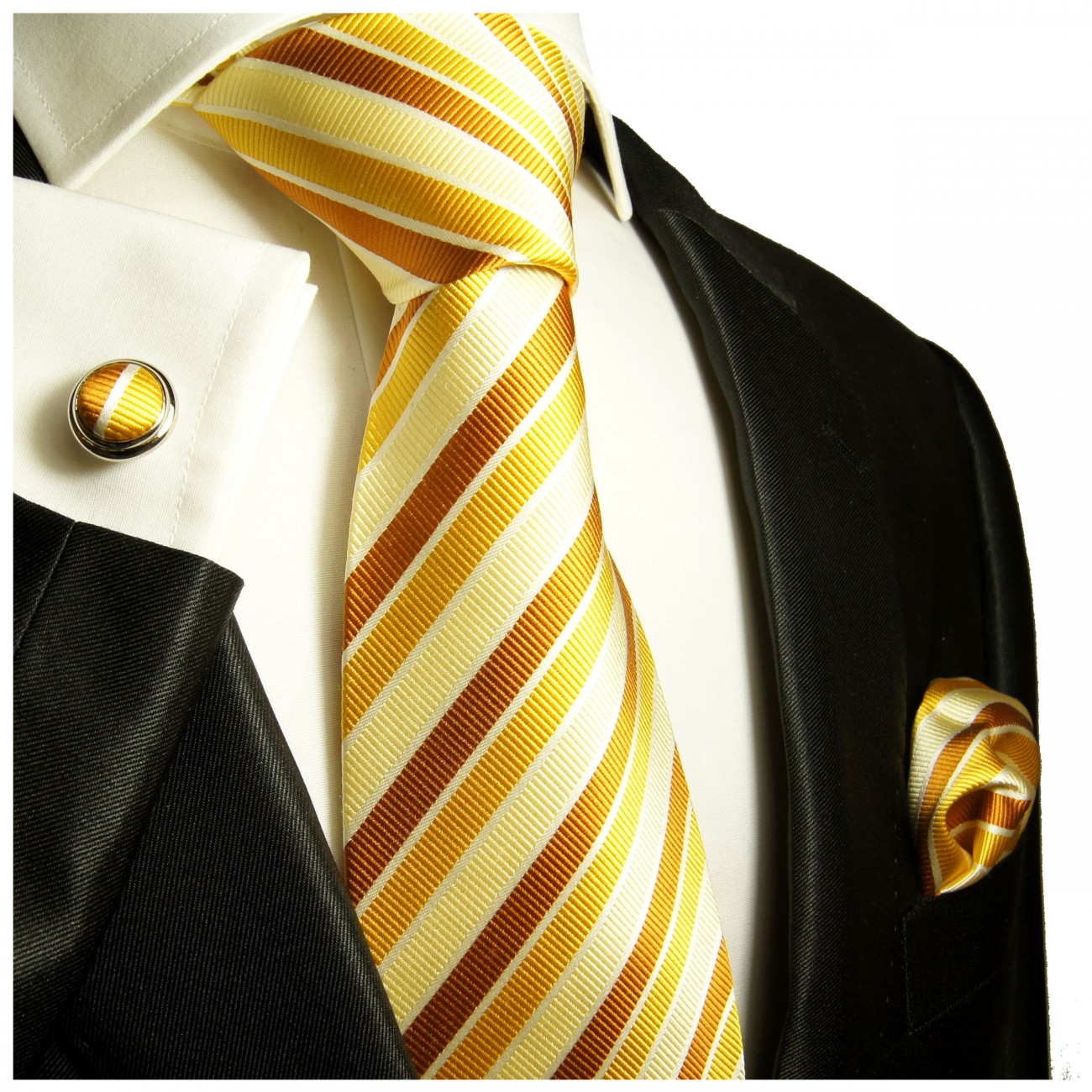 Krawatte gelb gold braun mit Einstecktuch und Manschettenknöpfe
