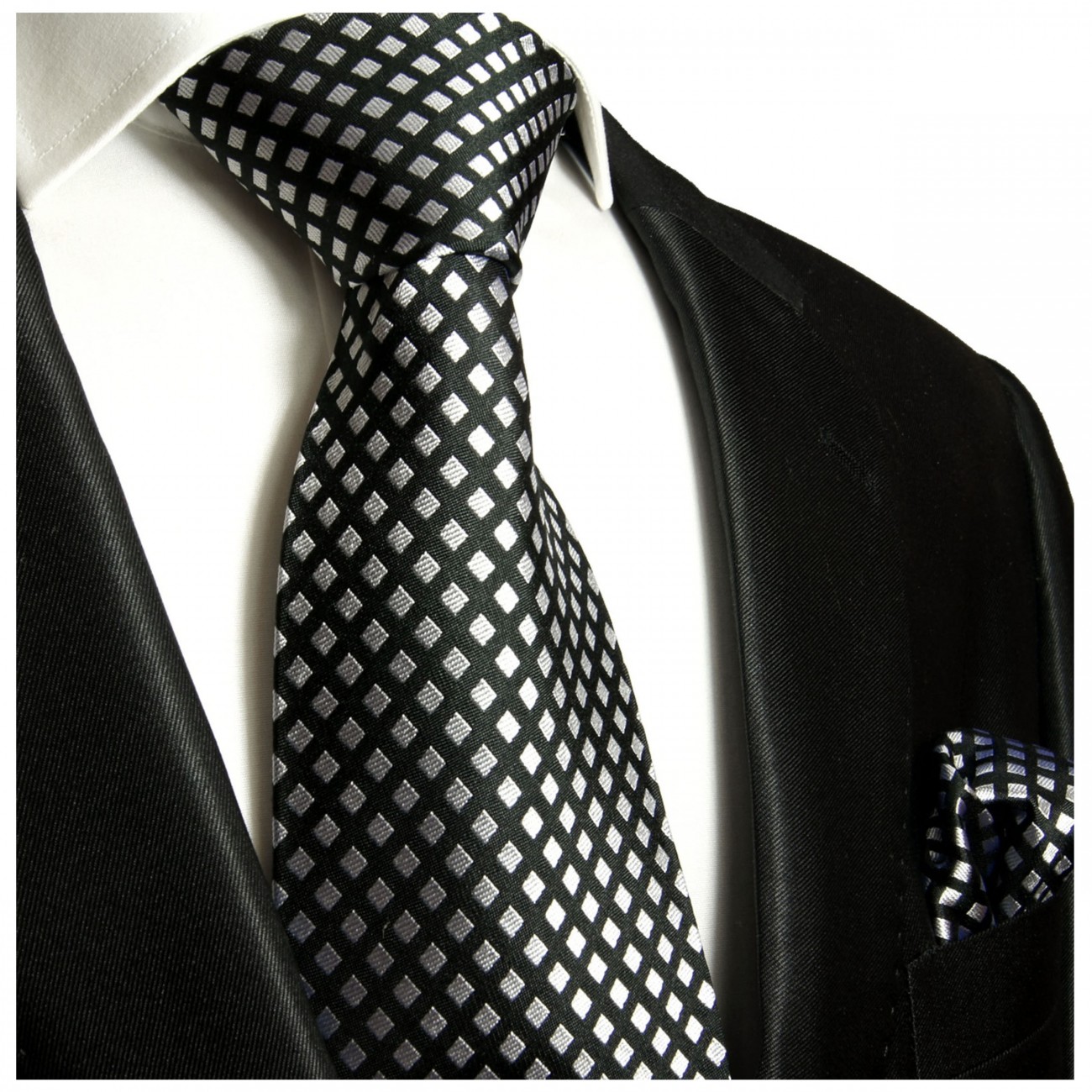 Krawatte schwarz silber gepunktet Seide mit Einstecktuch