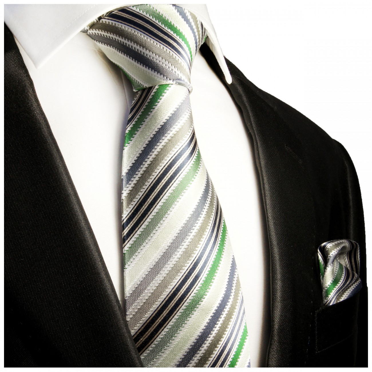 Krawatte grün grau mit Einstecktuch