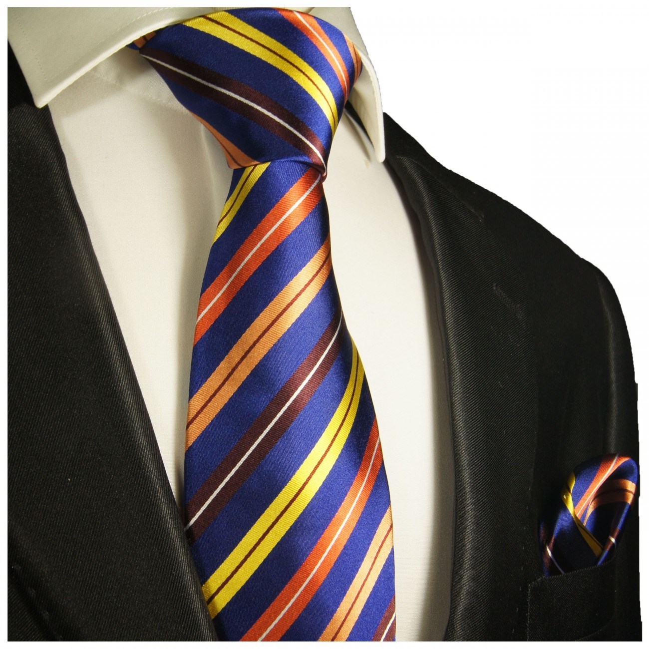 Krawatte blau gelb orange gestreift mit Einstecktuch 332