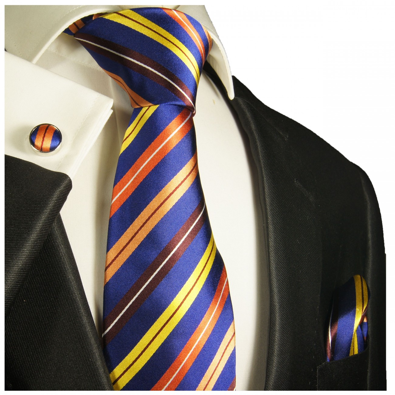 Krawatte blau gelb orange gestreift mit Einstecktuch und Manschettenknöpfen 332