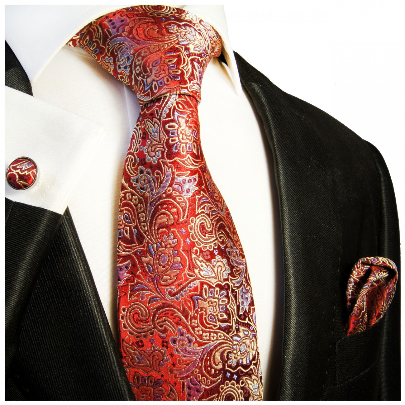 Krawatte rot paisley Seide mit Einstecktuch und Manschettenknöpfe