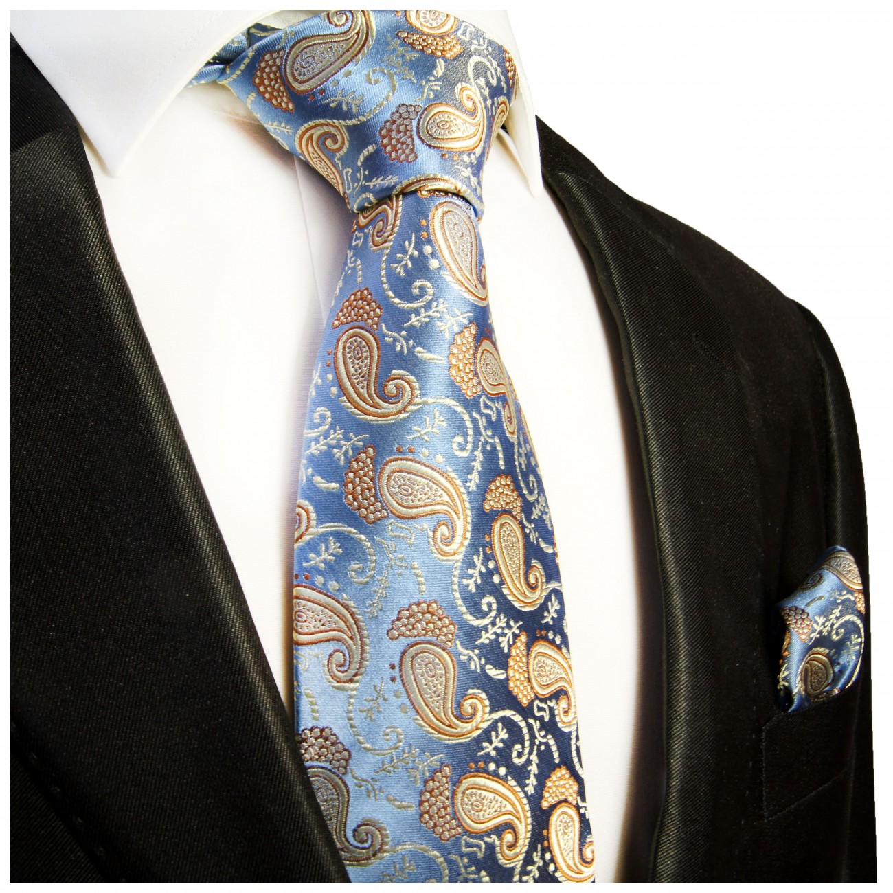 Krawatte hellblau gold paisley mit Einstecktuch 351