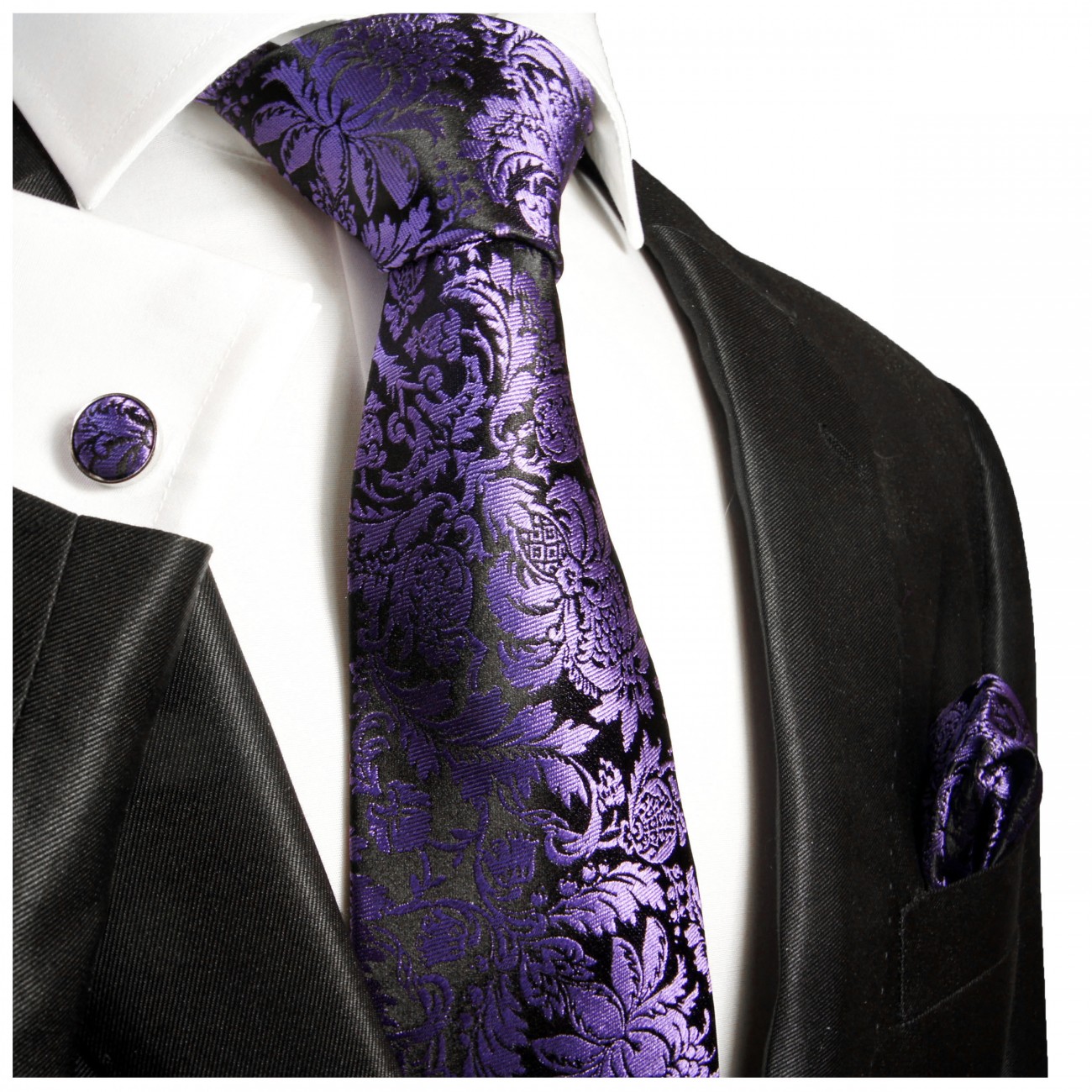 Krawatte lila violett floral Seide mit Einstecktuch und Manschettenknöpfe