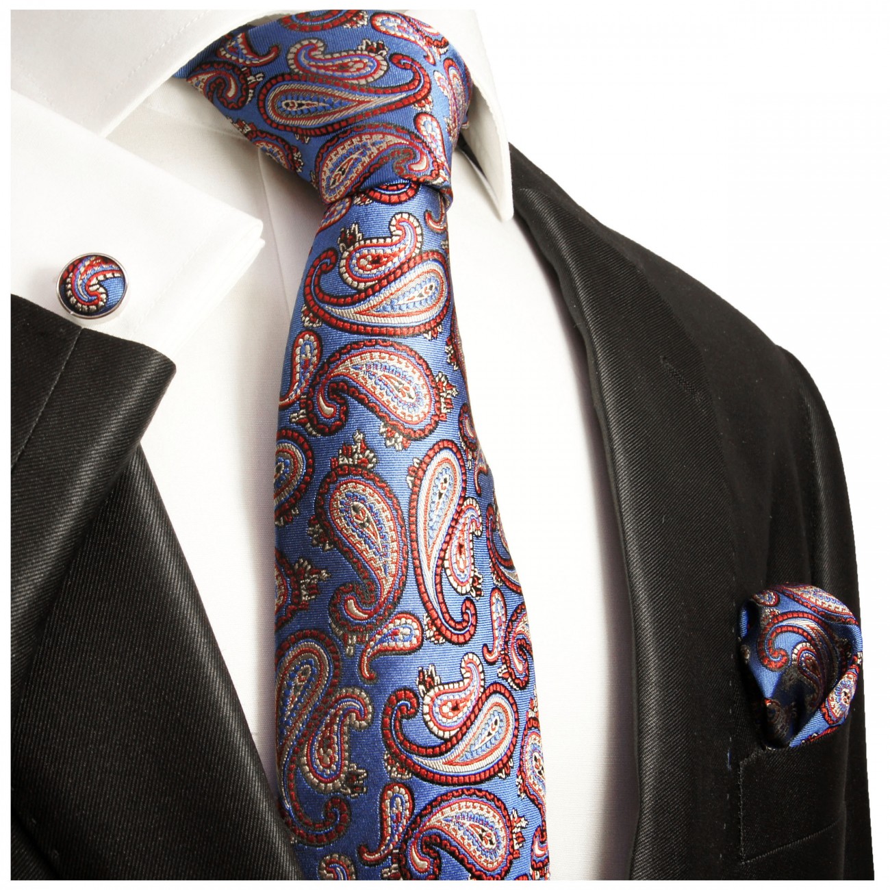 Krawatte blau rot paisley seide mit Einstecktuch und Manschettenknöpfen 361
